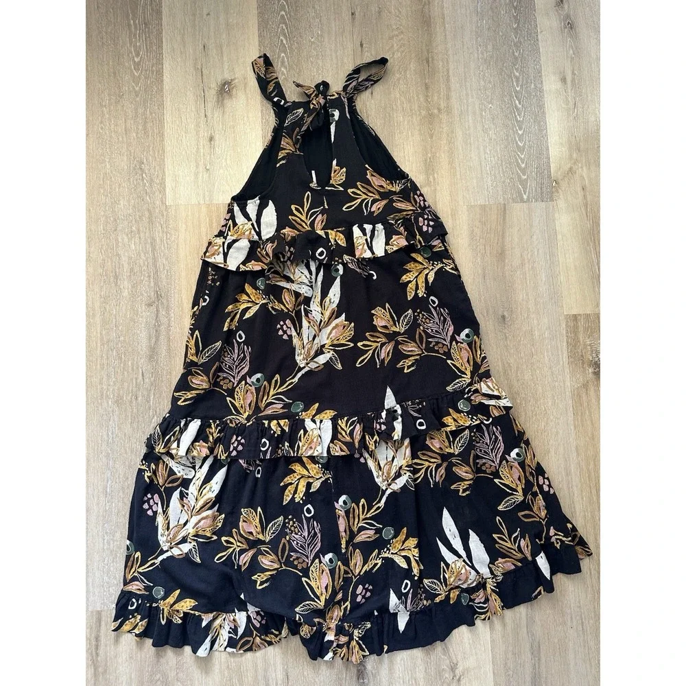 Free People Black Floral Tiered Halter Midi Dress Boho‎ Ruffle Size XS